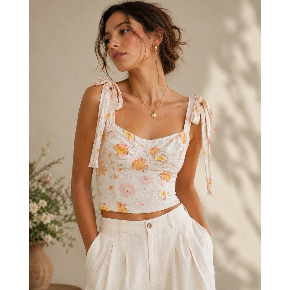 VRG GRL Floral Bustier Crop Top Tie Shoulder Sz 8 Linen Blend Milkmaid‎ Coquette